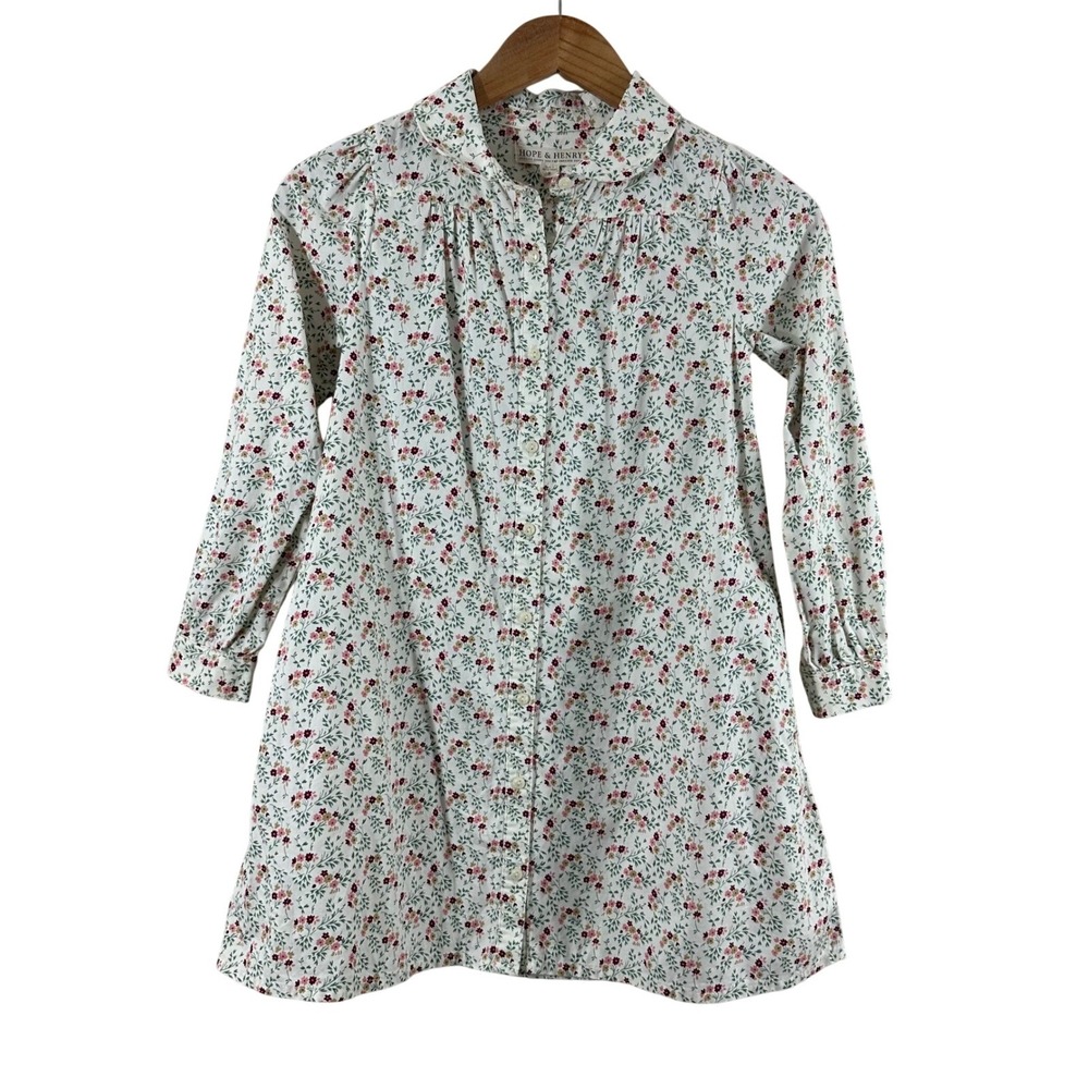 Hope & Henry Girls Floral Organic Cotton Long Sleeve Shirt Dress Cream Size 8
